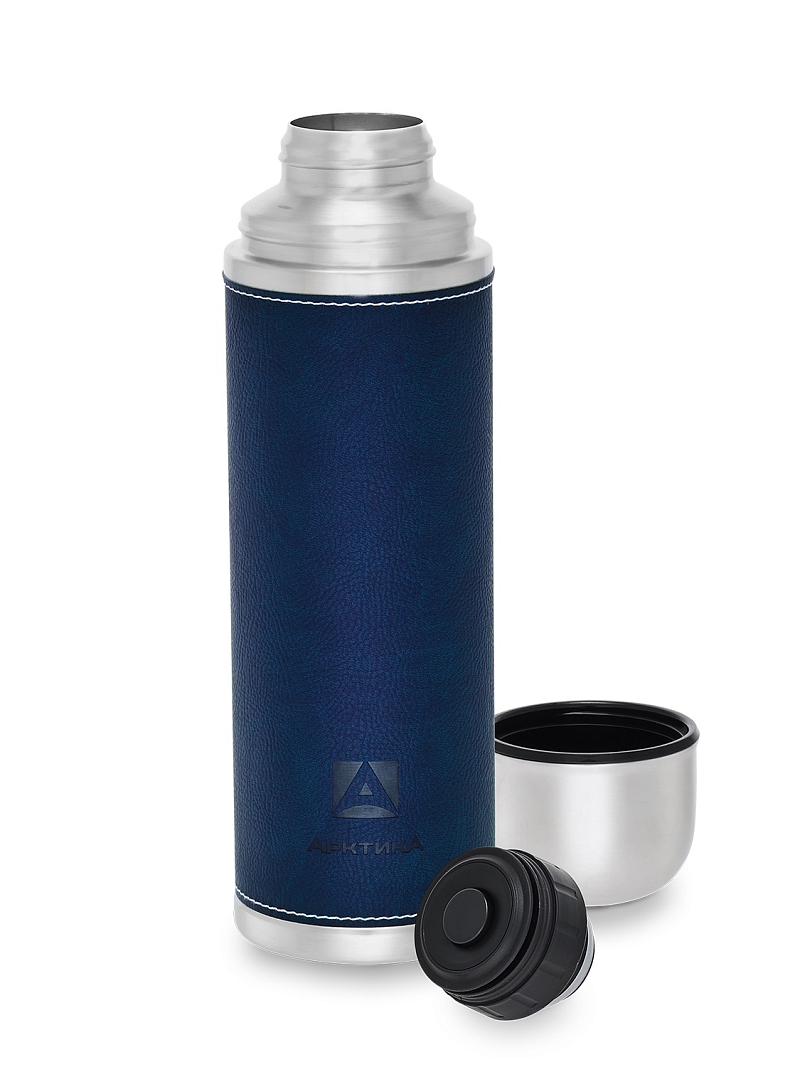 Термос 1л серии 108 с синей оплёткой из экокожи - 3