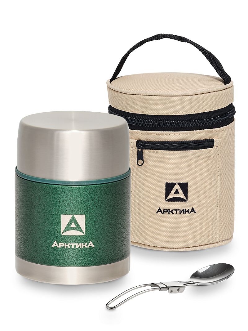 Термос 0.6л серии 306 зелёный с чехлом и складной ложкой - 1