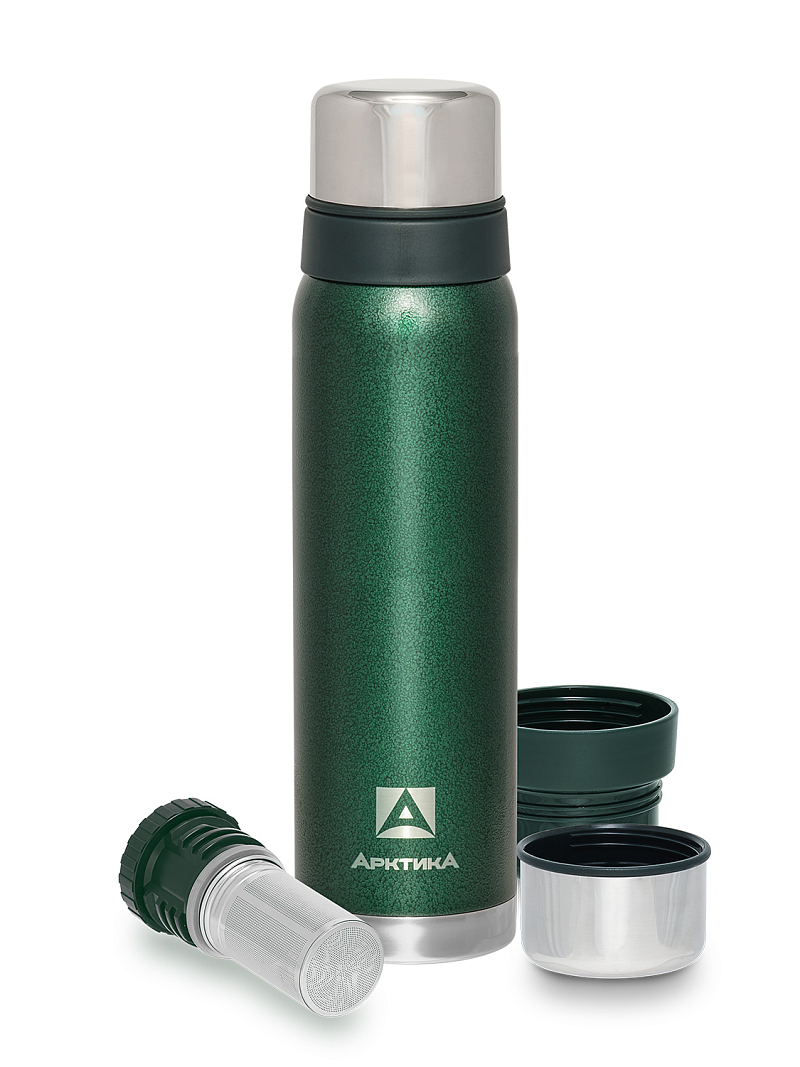 Термос серии 106 на 0.9л зелёный с ситечком и молотковой эмалью - 3