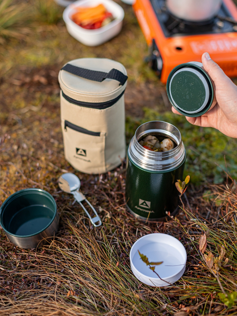 Термос 1л серии 306 зелёный с чехлом и складной ложкой - 4