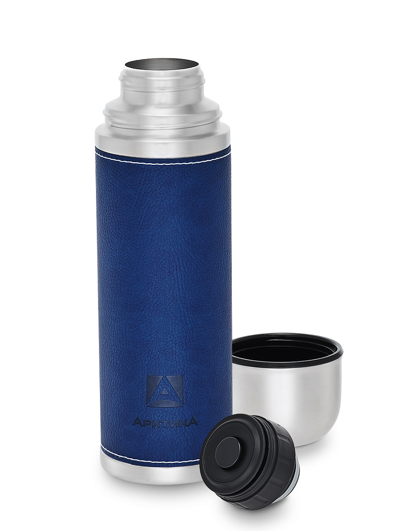 Термос 0.7л серии 108 с синей оплёткой из экокожи - 2